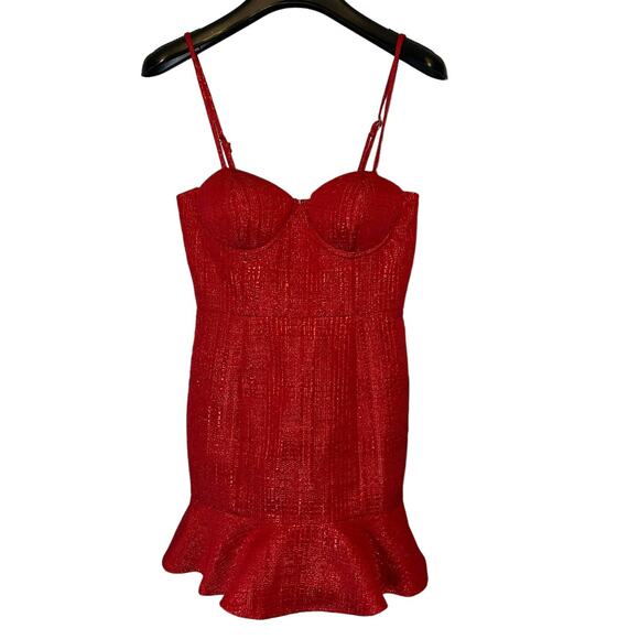 Lovers + Friends Ruby Red Shimmer Mini Dress with Ruffle Bottom Size XXS - Picture 1 of 8